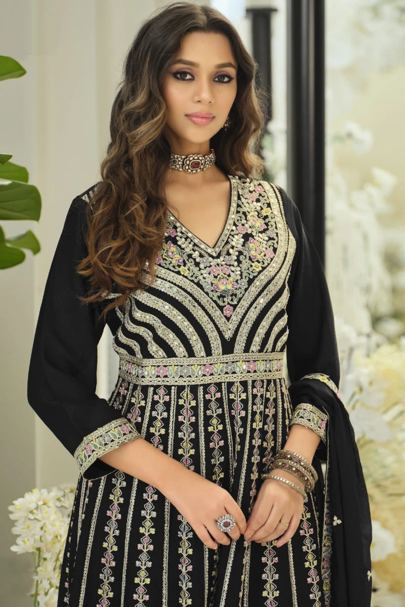 Black Embroidered Chinon Palazzo Suit