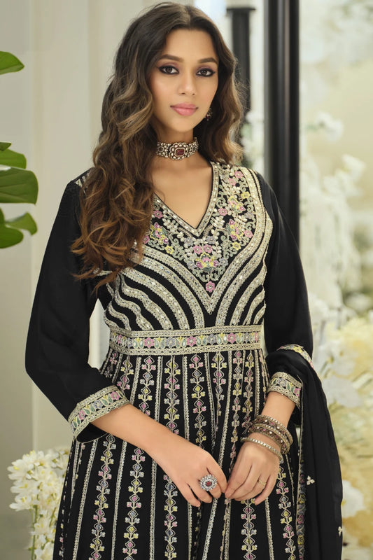 Black Embroidered Chinon Palazzo Suit