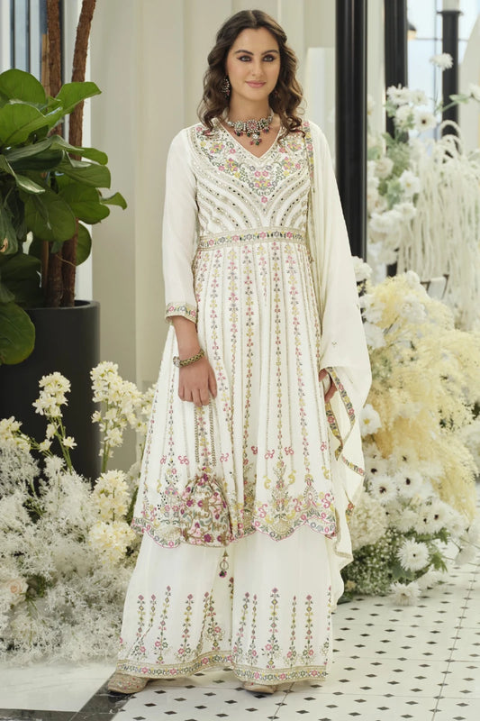 White Embroidered Chinon Palazzo Suit