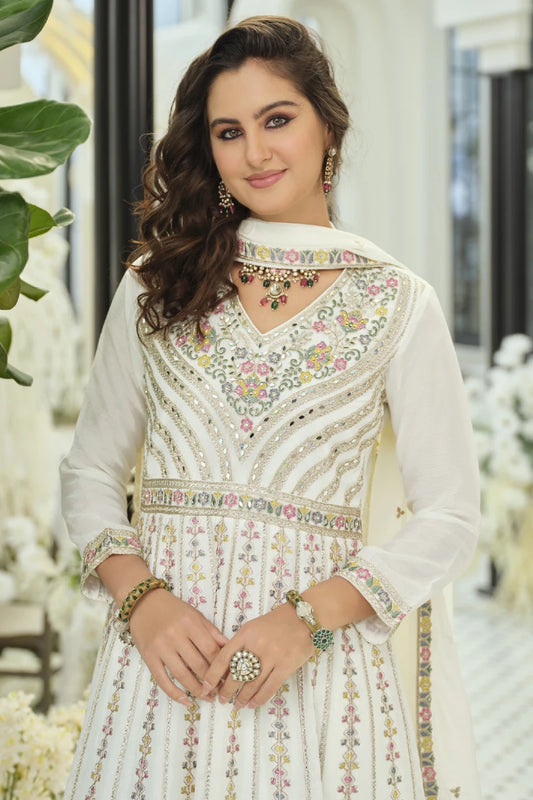 White Embroidered Chinon Palazzo Suit