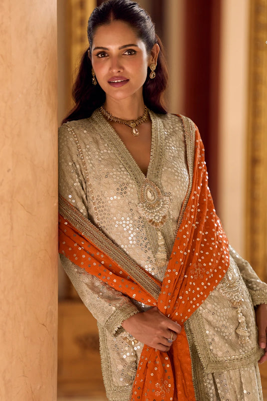 Premium Cream Georgette Sequins Indo Suit Set with Orange Dupatta