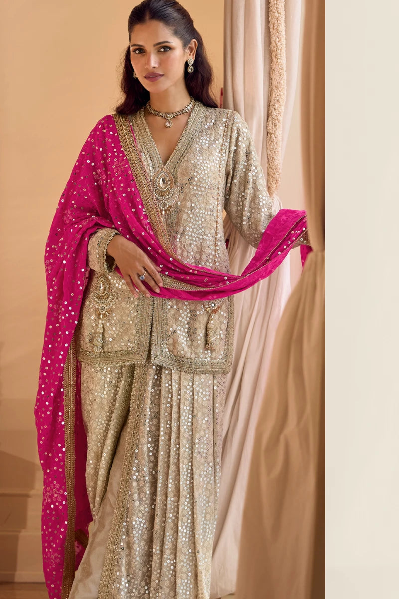 Premium Cream Georgette Sequins Suit Set with Pink Dupatta