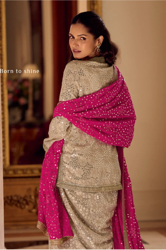 Premium Cream Georgette Sequins Indo Suit Set with Pink Dupatta