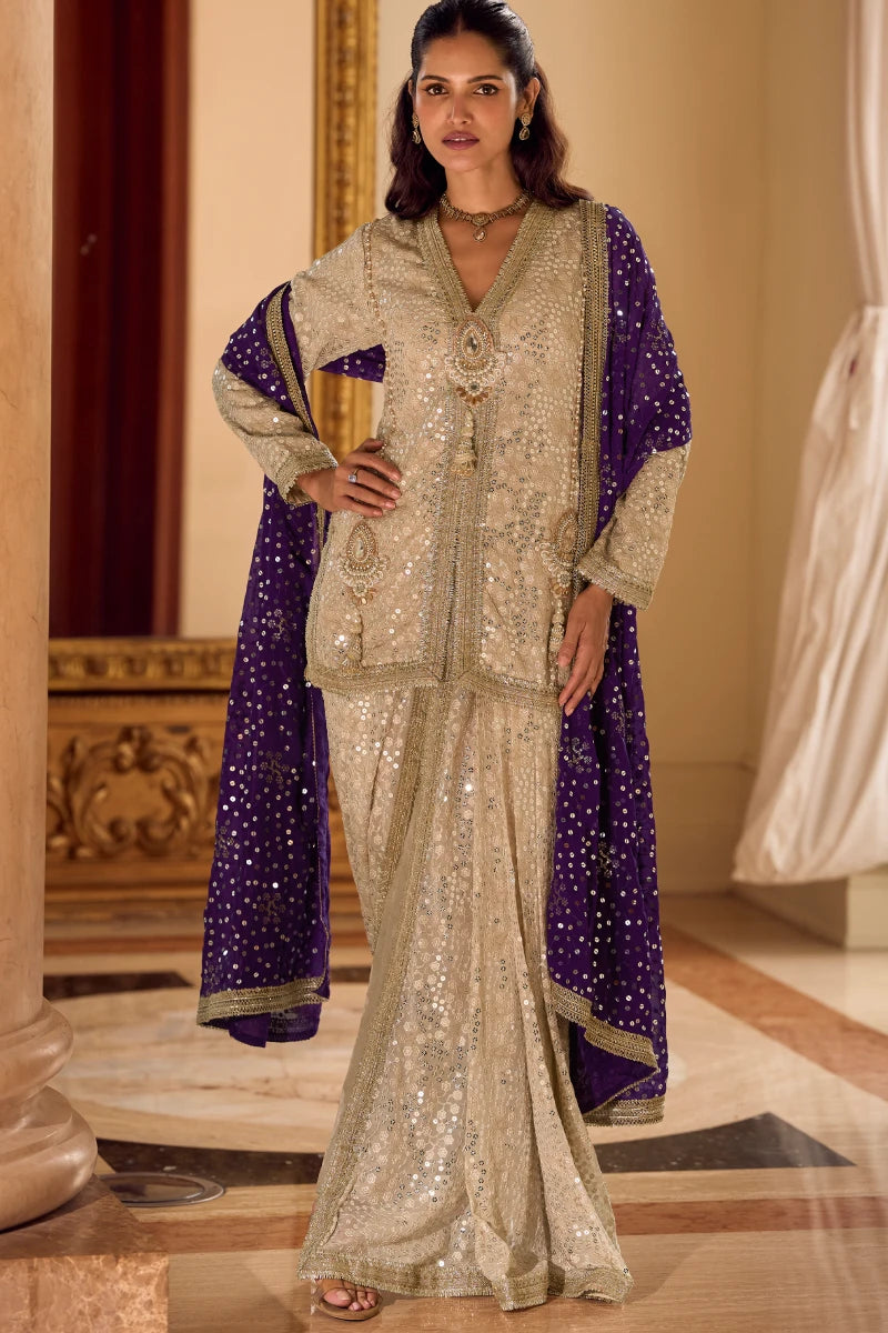 Premium Cream Georgette Sequins Suit Set with Purple Dupatta