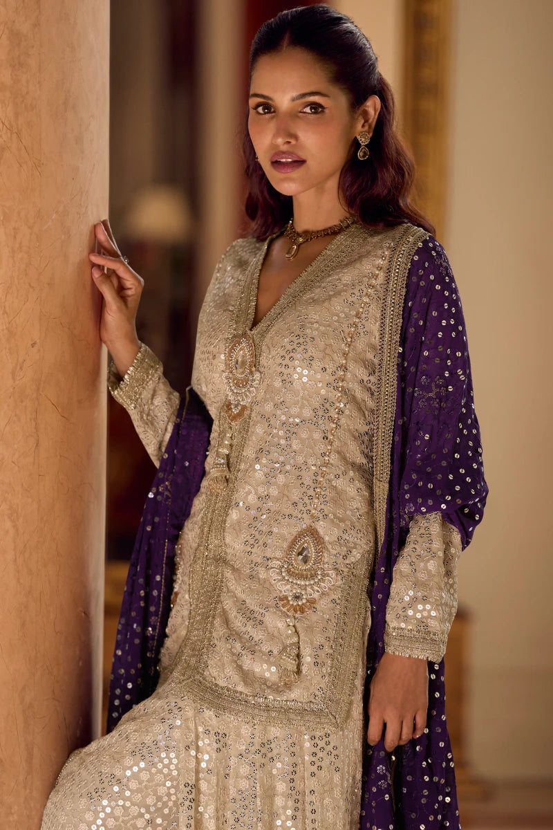 Premium Cream Georgette Sequins Indo Suit Set with Purple Dupatta