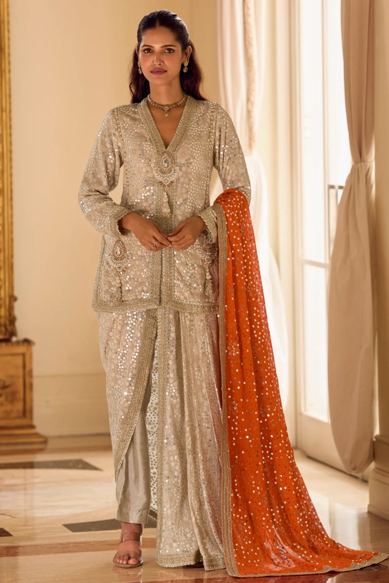 Premium Cream Georgette Sequins Suit Set with Orange Dupatta