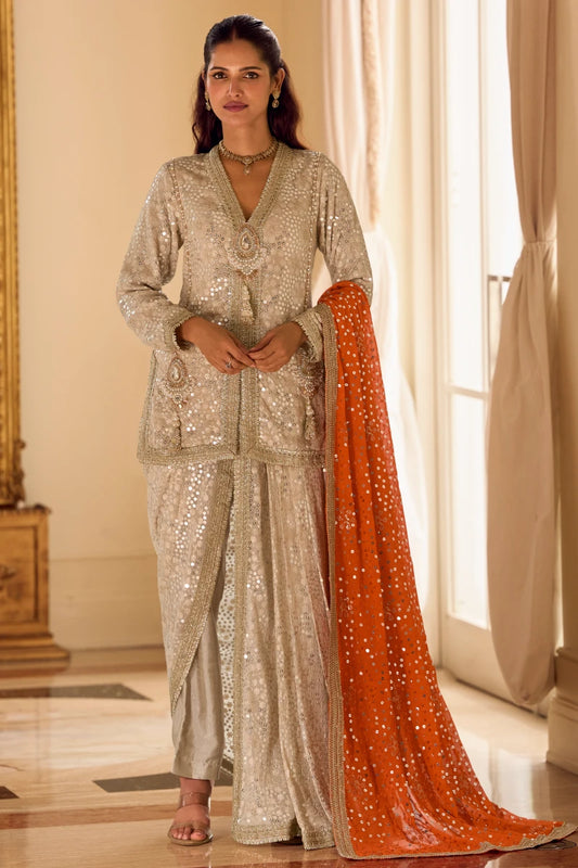 Premium Cream Georgette Sequins Suit Set with Orange Dupatta