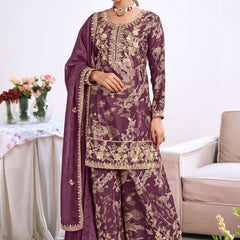 Light-Purple Embroidery Chinon Silk Salwar Suit