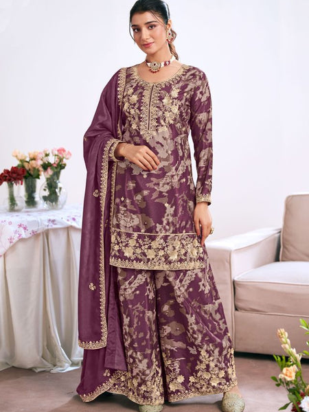 Light-Purple Embroidery Chinon Silk Salwar Suit