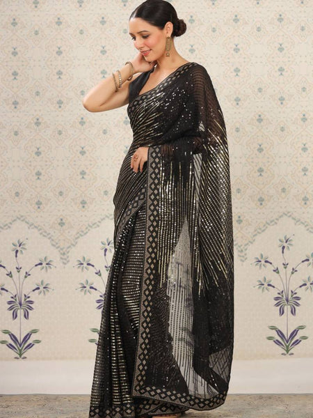 Black Heavy Georgette Sequence Embroidery Saree