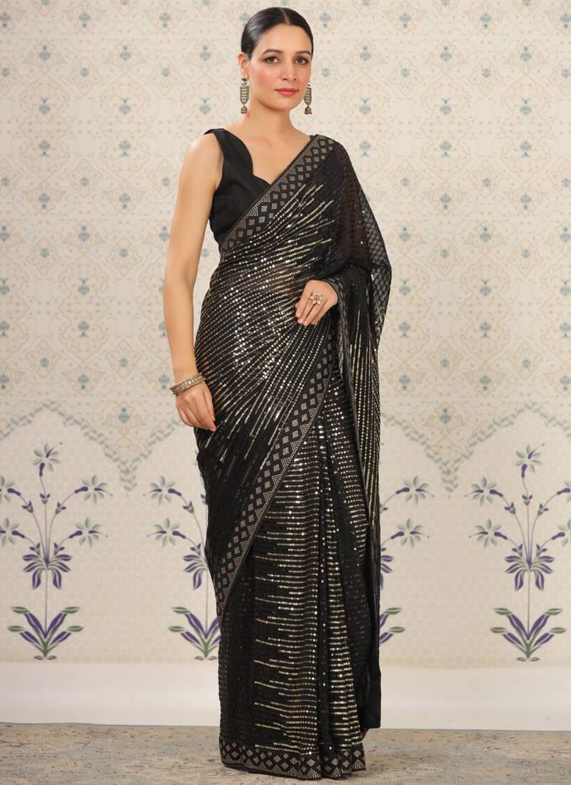 Black Heavy Georgette Sequence Embroidery Saree