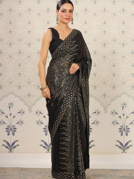 Black Heavy Georgette Sequence Embroidery Saree