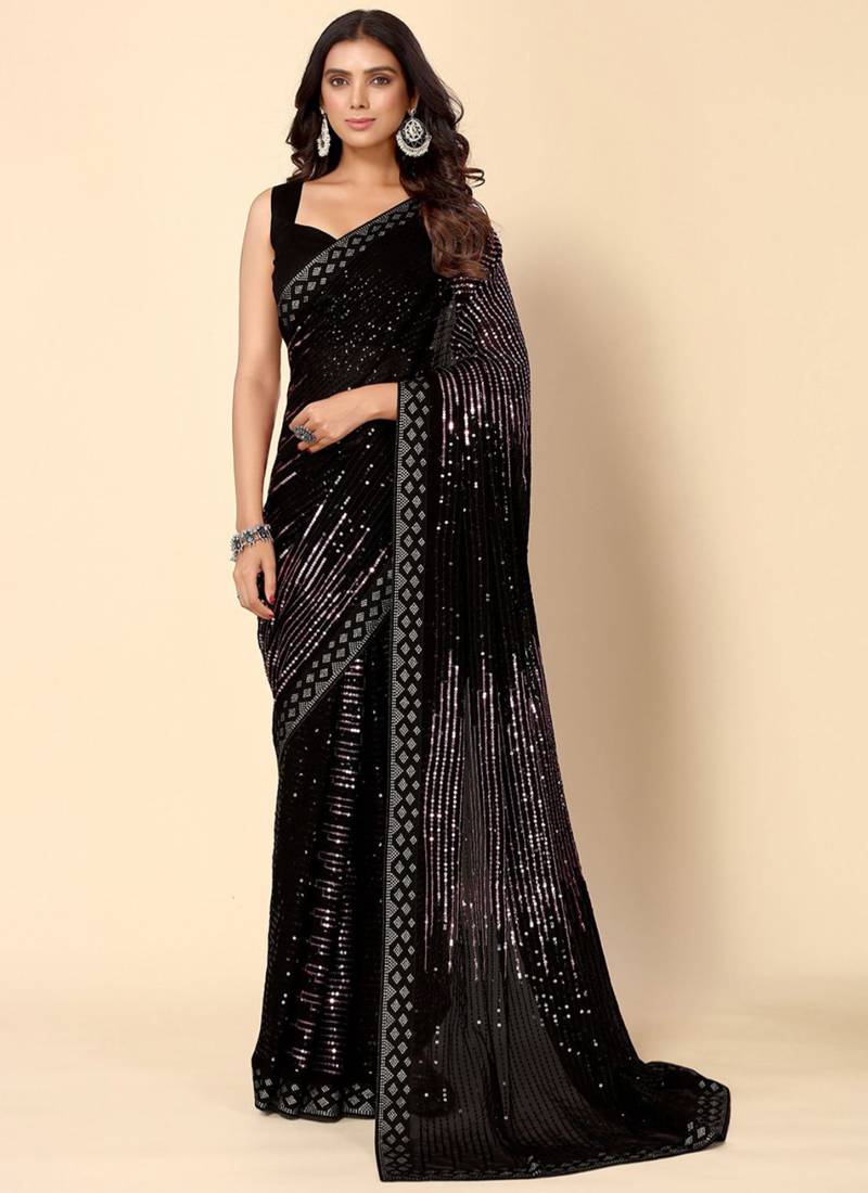 Black Georgette Sequence Embroidery Saree