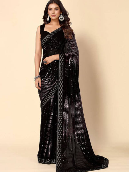 Black Georgette Sequence Embroidery Saree