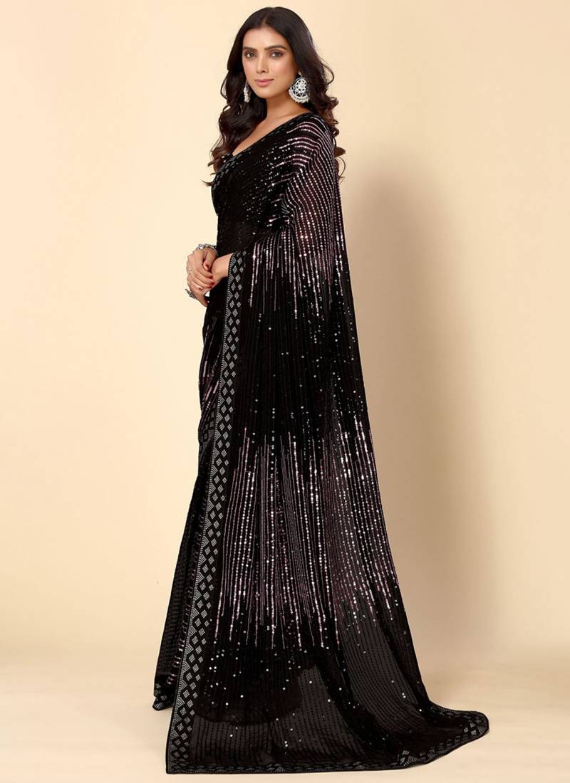 Black Georgette Sequence Embroidery Saree