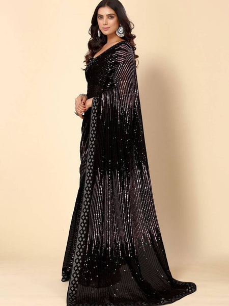 Black Georgette Sequence Embroidery Saree