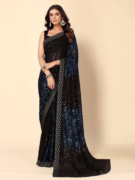 Midnight Blue Heavy Georgette Sequence Embroidery Saree