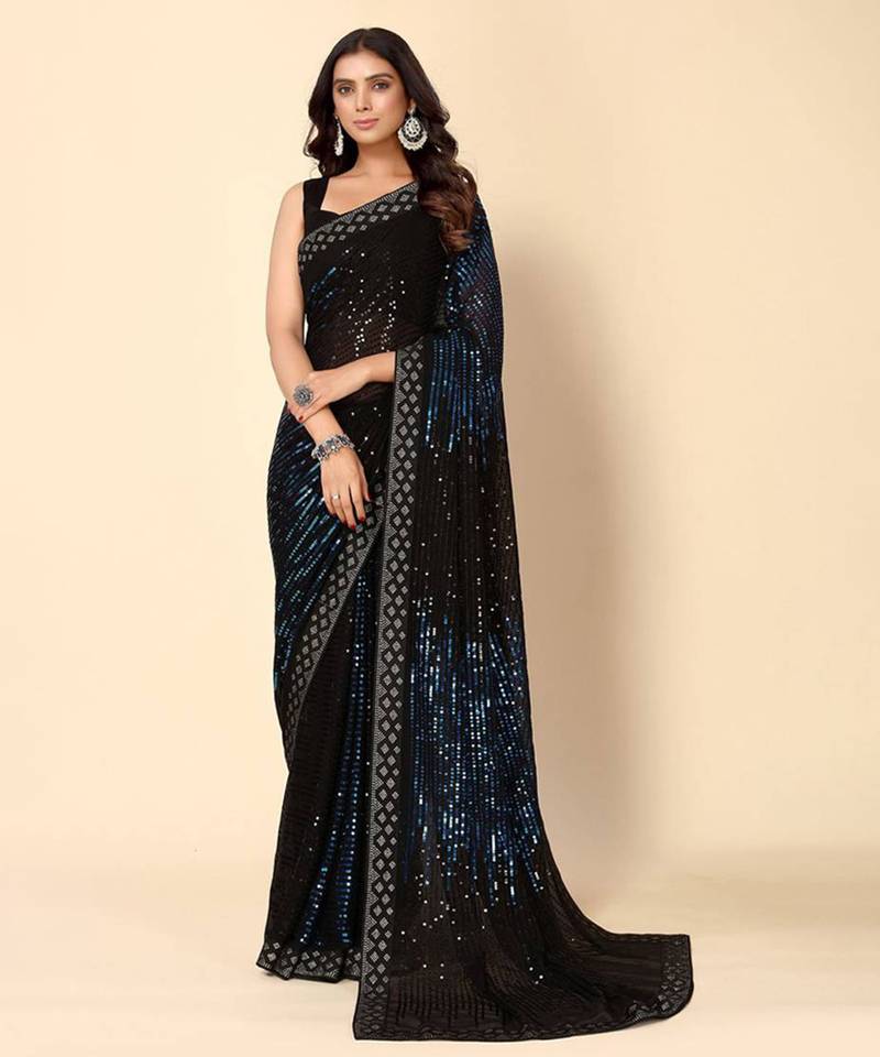 Midnight Blue Heavy Georgette Sequence Embroidery Saree