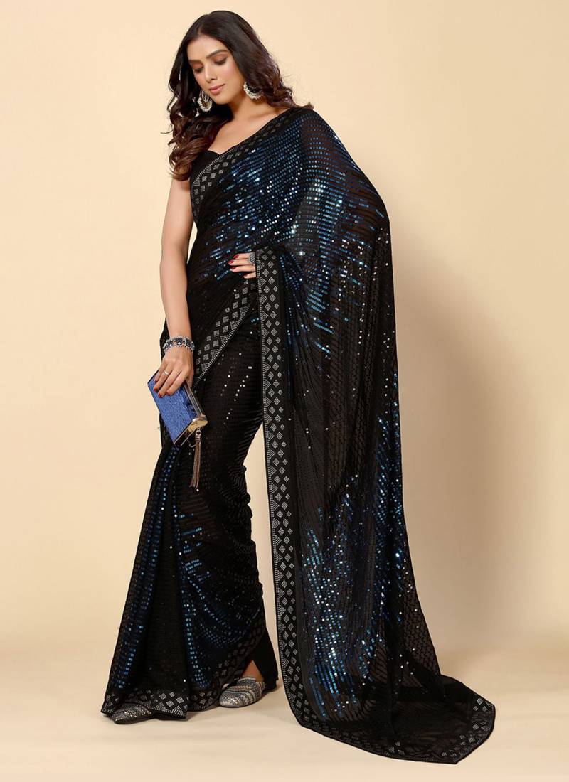 Midnight Blue Heavy Georgette Sequence Embroidery Saree