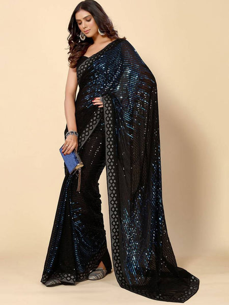 Midnight Blue Heavy Georgette Sequence Embroidery Saree