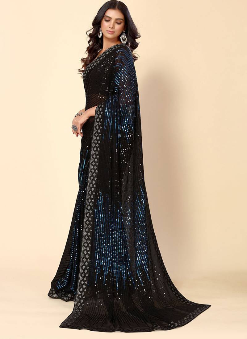 Midnight Blue Heavy Georgette Sequence Embroidery Saree