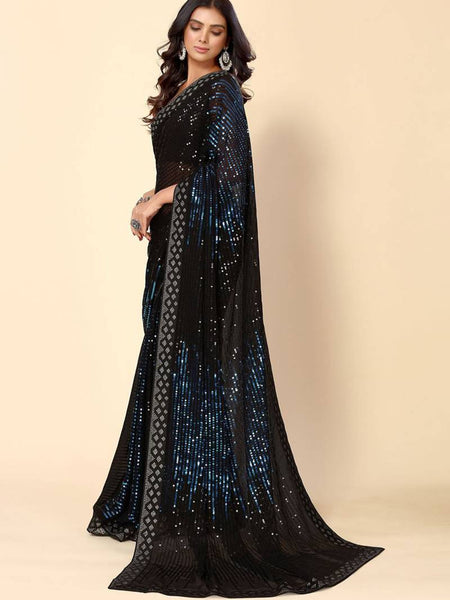 Midnight Blue Heavy Georgette Sequence Embroidery Saree