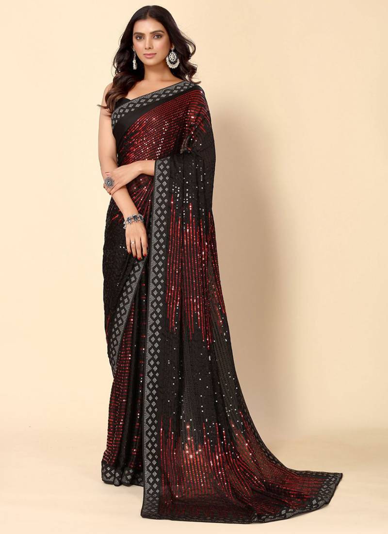 Black Crimson Heavy Georgette Sequence Embroidery Saree