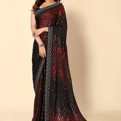 Black Crimson Heavy Georgette Sequence Embroidery Saree
