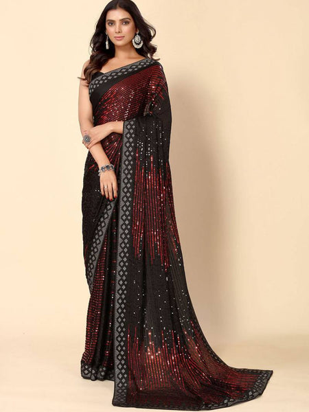 Black Crimson Heavy Georgette Sequence Embroidery Saree