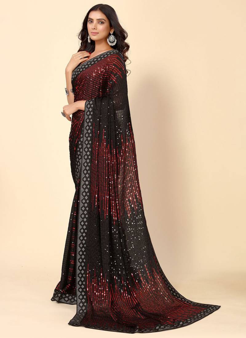 Black Crimson Heavy Georgette Sequence Embroidery Saree