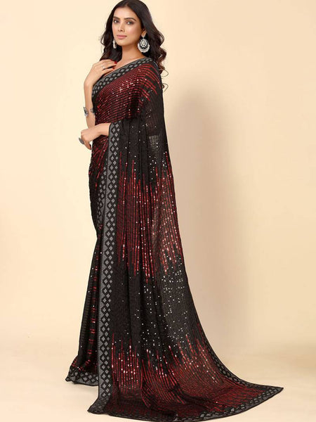 Black Crimson Heavy Georgette Sequence Embroidery Saree