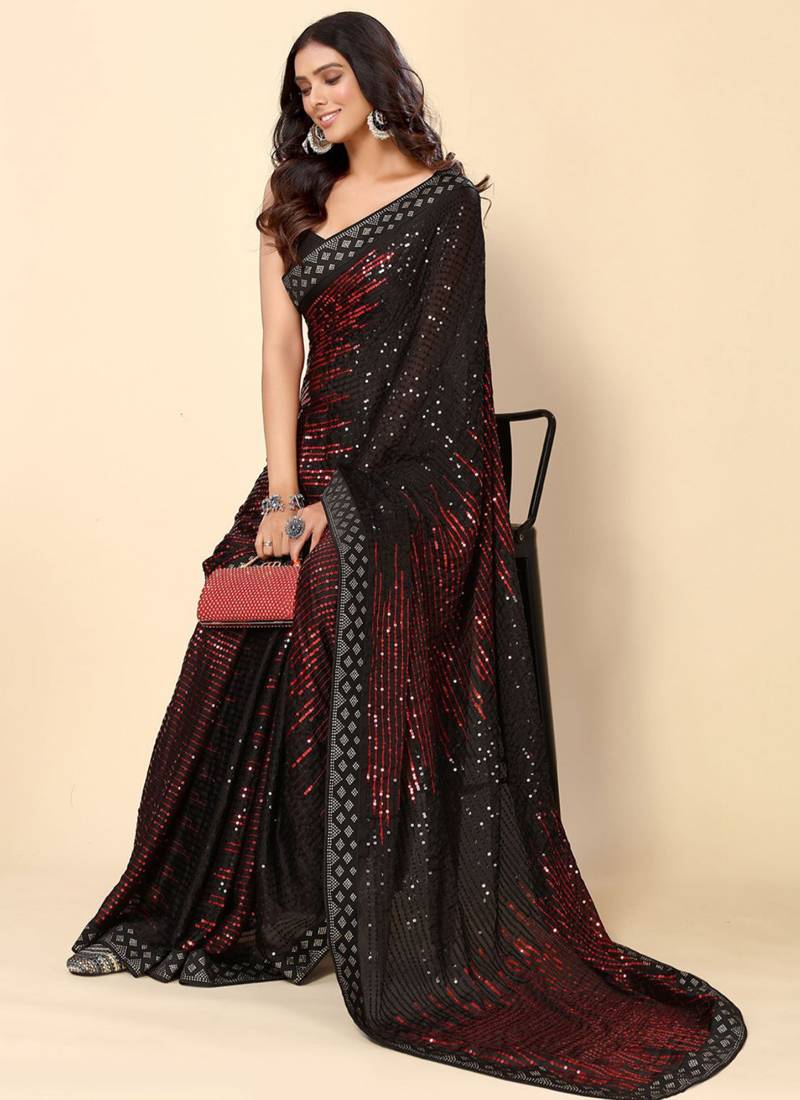 Black Crimson Heavy Georgette Sequence Embroidery Saree
