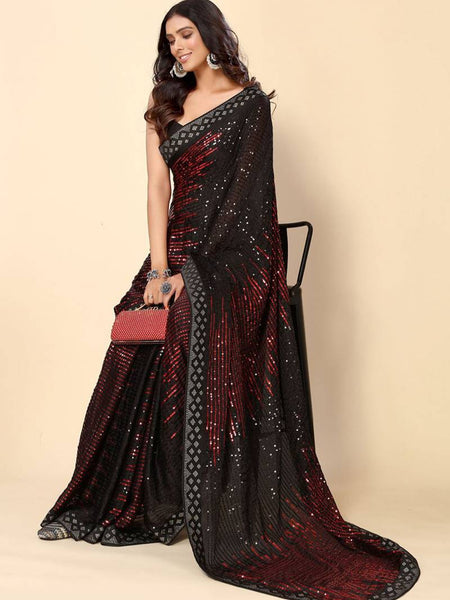 Black Crimson Heavy Georgette Sequence Embroidery Saree