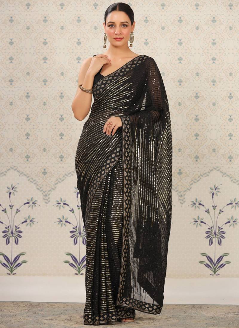 Black Heavy Georgette Sequence Embroidery Saree