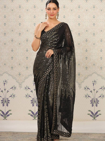 Black Heavy Georgette Sequence Embroidery Saree