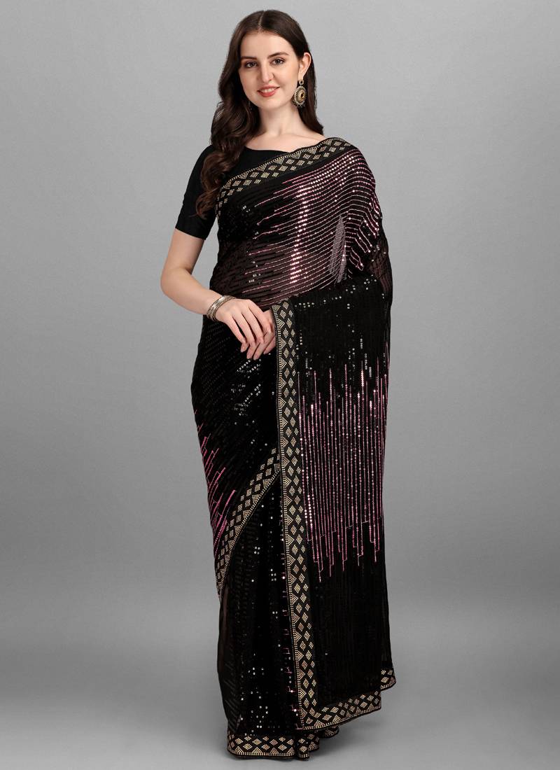 Black Rose Pink Heavy Georgette Sequence Embroidery Saree