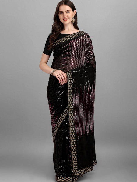 Black Rose Pink Heavy Georgette Sequence Embroidery Saree