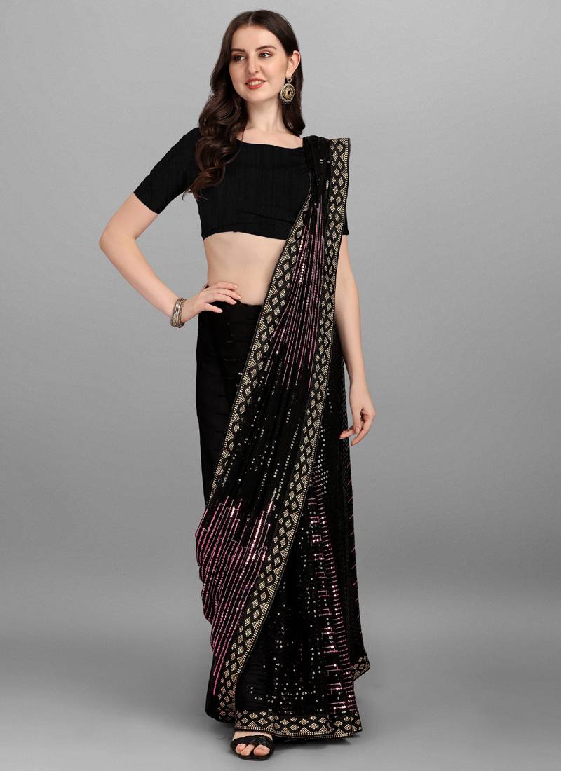 Black Rose Pink Heavy Georgette Sequence Embroidery Saree