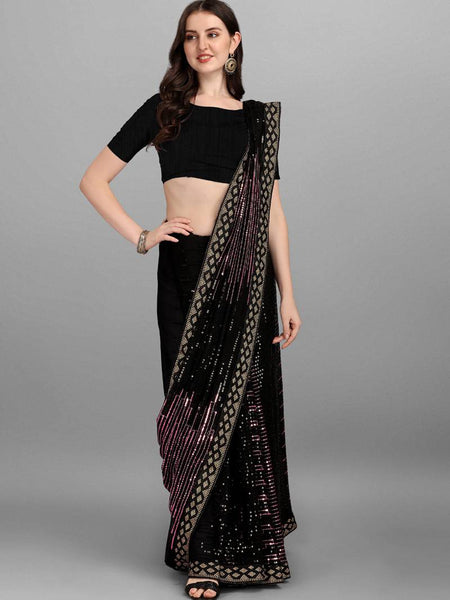 Black Rose Pink Heavy Georgette Sequence Embroidery Saree