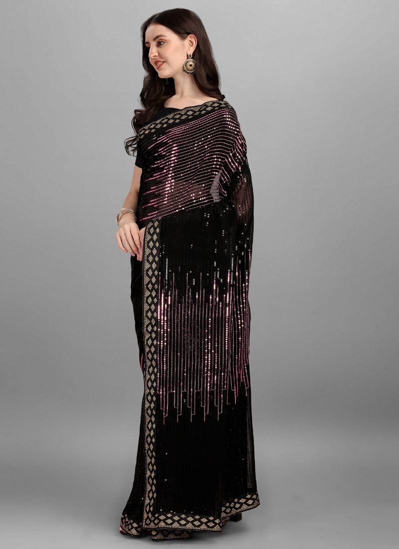 Black Rose Pink Heavy Georgette Sequence Embroidery Saree