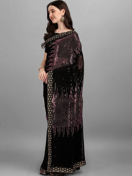 Black Rose Pink Heavy Georgette Sequence Embroidery Saree