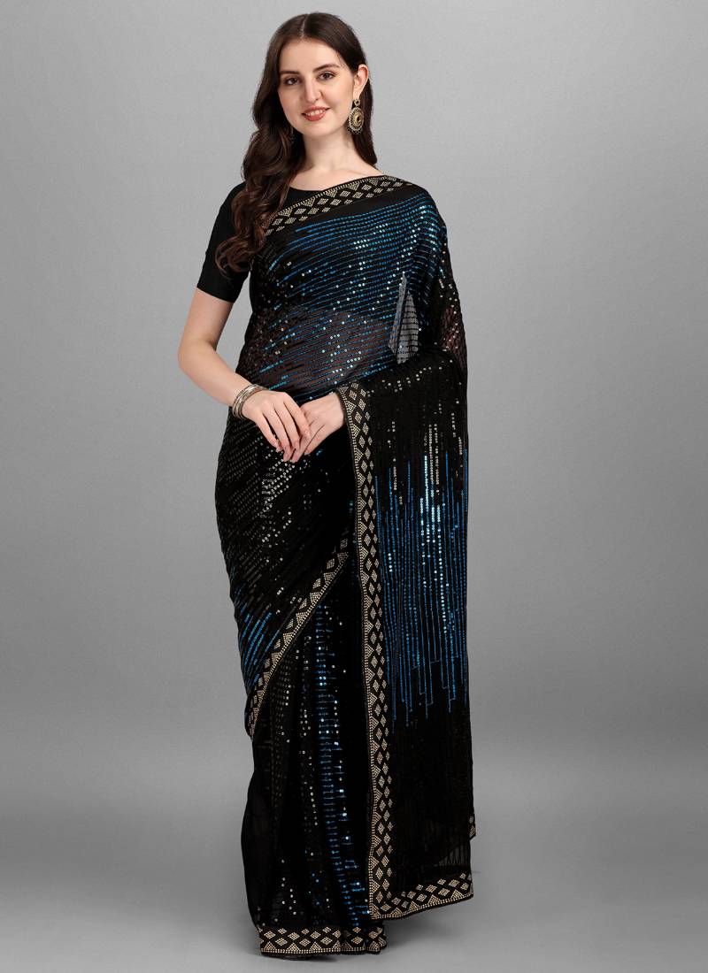 Blue Heavy Georgette Sequence Embroidery Saree