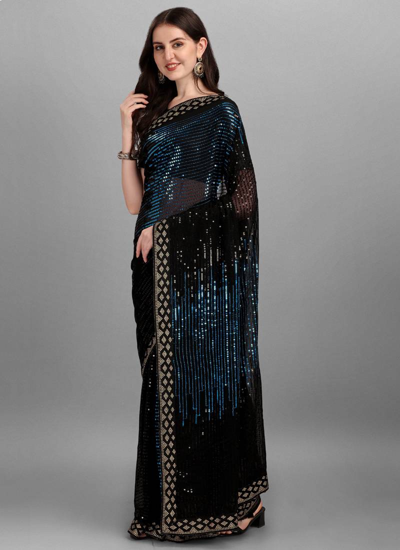 Blue Heavy Georgette Sequence Embroidery Saree