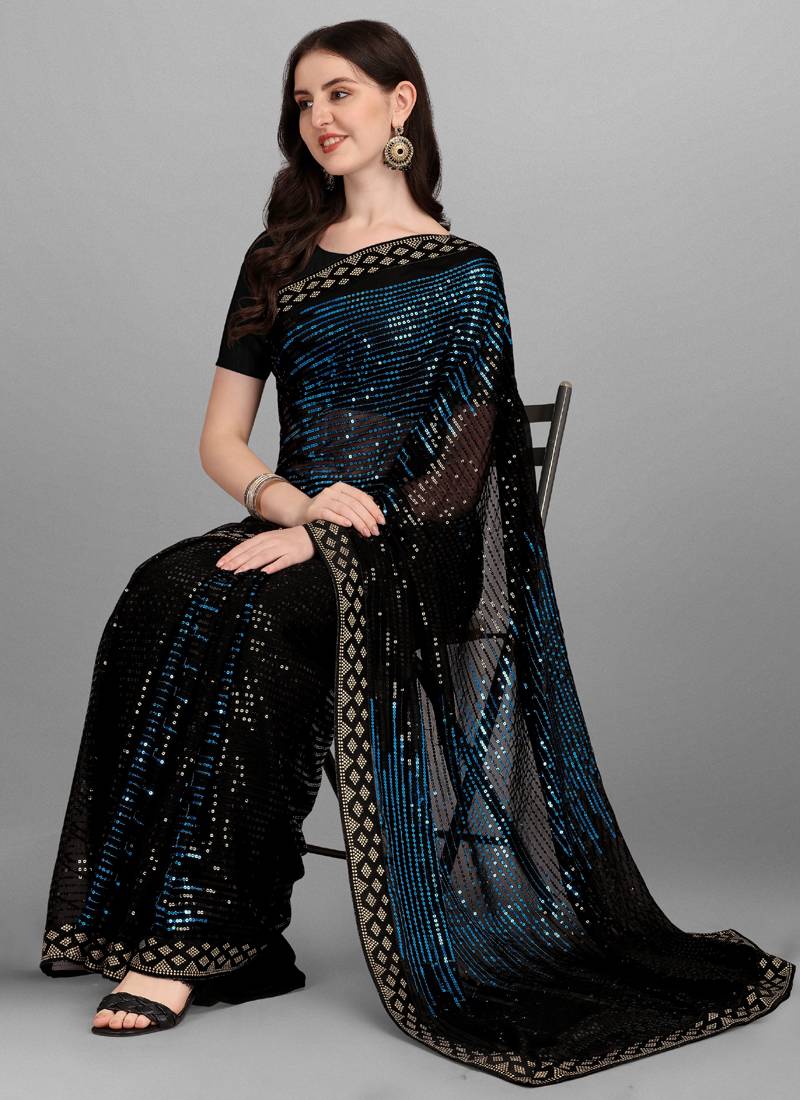Blue Heavy Georgette Sequence Embroidery Saree