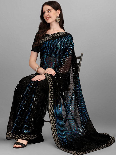 Blue Heavy Georgette Sequence Embroidery Saree