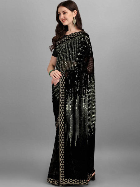 Black & Green Heavy Georgette Sequence Embroidery Saree