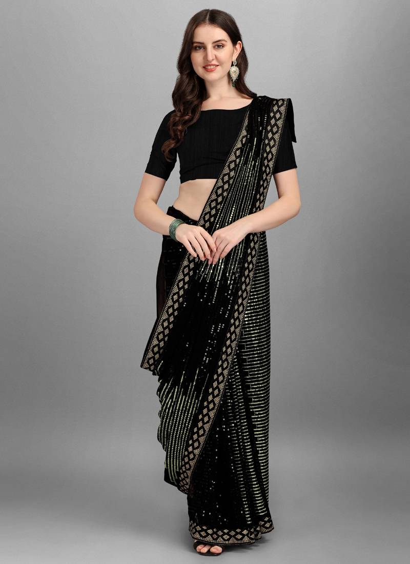 Black & Green Heavy Georgette Sequence Embroidery Saree