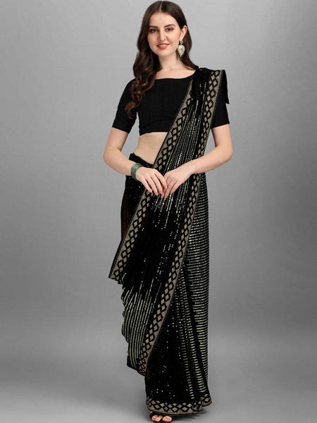 Black & Green Heavy Georgette Sequence Embroidery Saree