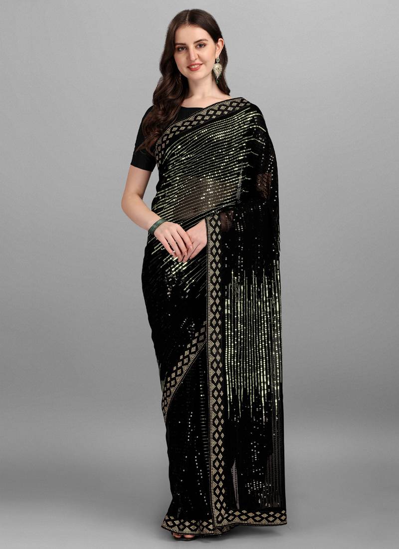 Black & Green Heavy Georgette Sequence Embroidery Saree
