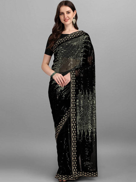 Black & Green Heavy Georgette Sequence Embroidery Saree